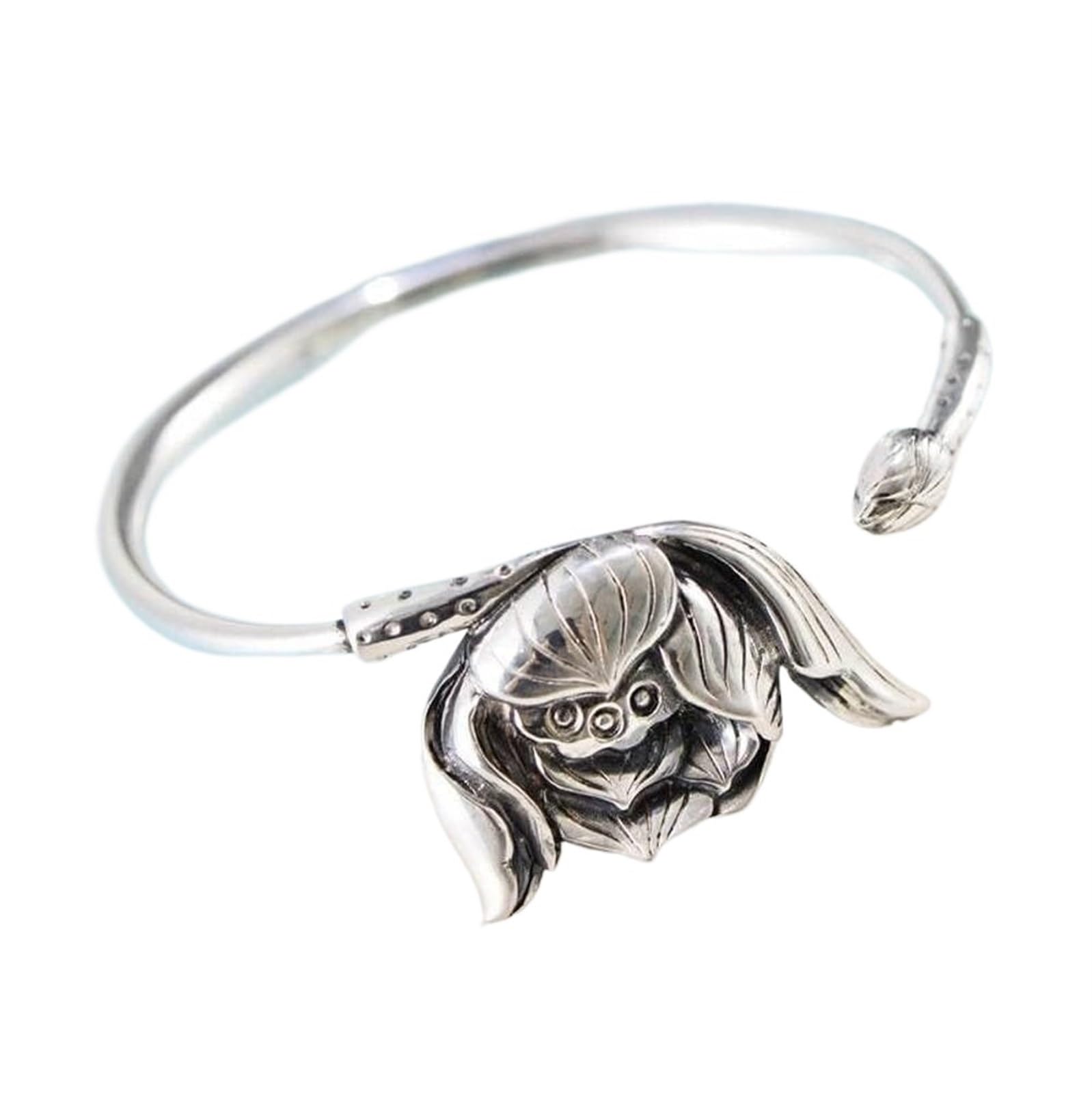 Bracciale in argento, bracciale rigido alla moda, bracciale rigido in argento vintage S990 in stile cinese Bracciale in argento tailandese in stile etnico Buddha us Bracciale aperto con boccioli di fi