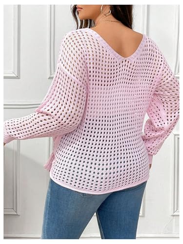 Image of SOLY HUX Women's Plus Size Sheer Sweater Hollow Out Knot Hem V Neck Drop Shoulder Long Sleeve Pullover Tops Plain Pink 2XL