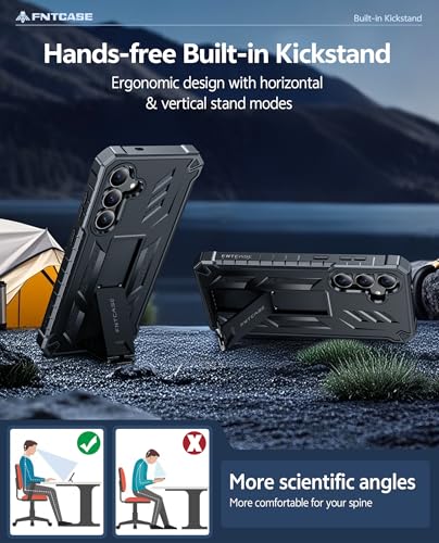 FNTCASE for Samsung Galaxy S25-FE Case: with [Built-in Screen Protector & Kickstand] [Military-Grade Drop Protection] Heavy Duty Protective Full Body Shockproof Rugged Sturdy TPU Phone Cover Black - Thumbnail 4