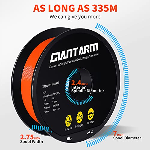 Image of GIANTARM Orange PETG 3D Printer Filament Toughness Enhanced 1kg (2.2lbs), 1.75mm Dimensional Accuracy + /-0.03mm, 1080 Feet（330m /Roll, Vacuum Package, Fit for Most 3D FDM Printer