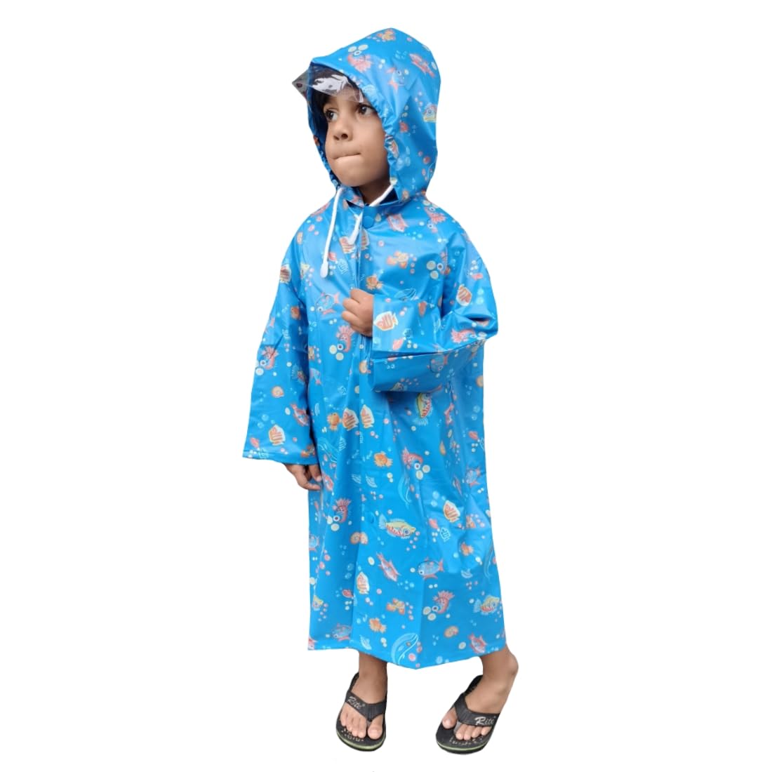 D8211K Raincoat for Kids Boys Girls with Hood, Polyester Rain Ponchos with Pockets and School Bag Coverage (IN, Age, 6 Years, 7 Years, Blue) 2