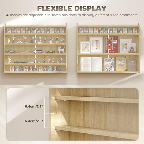 Image of HOMCOM 5-Tier Display Cabinet, Glass Door Cabinet with Adjustable Shelves, Wall-Mounted Display Case for Playroom, Bedroom, Oak
