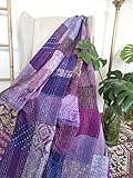 Varprada - Mix Purple Silk Sari Patchwork Kantha Work Blanket for Sale Boho Vintage Bedspreads Throw Blanket Bohemian Bedding Handmade Quilt 108x90 inch Queen Size