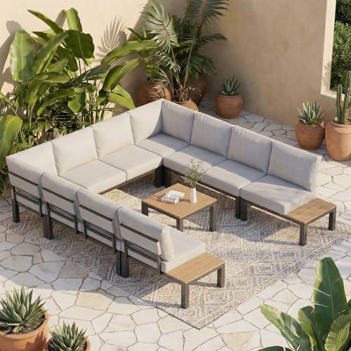 ZANDOR Aluminum Outdoor Patio Furniture Set, 8 Pieces Movable Backrest Modular Sectional Sofa Set, Metal Conversation Set with 4-inch Thick Cushion for Garden Backyard Porch, Grey 8 Piece Se