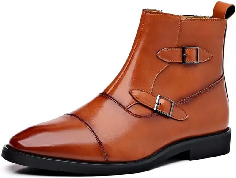 Men's Cap-Toe Ankle Boots with Double Monk Strap, Genuine Leather Dress Boots for Formal & Casual Wear, Comfortable Lining and Non-Slip Rubber Sole