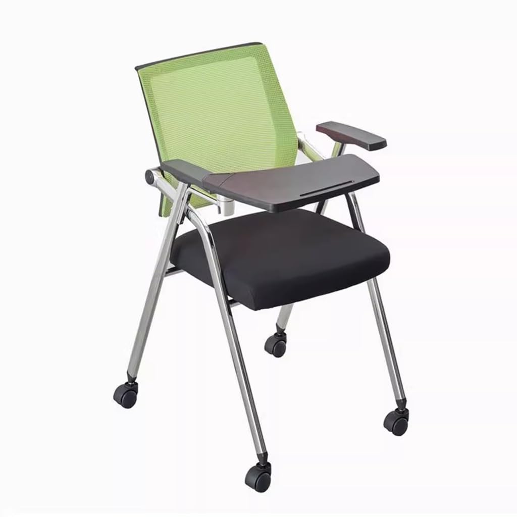 MYUYEE Folding Office Chair With Desk Attached And Wheels,Mesh Guest Reception Chairs With Arm,Rolling Chair For Office,School,Training Waiting Room (Green)