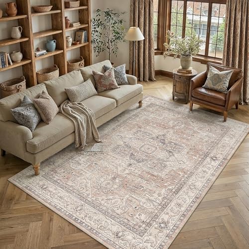 PureCozy Vintage Teppich Wohnzimmer 160x230cm Korallenrot Waschbar Carpet Rug – Ansicht 1