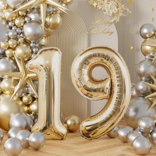 Image of AULE 40 Inch Large 19 Balloon Numbers Light Gold, Big Foil Number Balloons, Giant Helium 91 Happy Birthday Party Decorations for Man and Women, Huge Mylar Anniversary Party Supplies