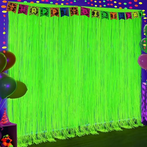 Image of 2 Pack Glow in The Dark Party Curtains, Neon Party Decorations 6.6 x 6.6 ft Fluorescent Macaron Yellow Tinsel Foil Fringe Curtains, Photo Booth Prop Backdrop Streamers, Birthday Halloween Party Decor
