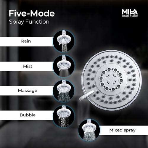 Image of Mila Flo Multi-Function Overhead Shower Head | 5-Function Rain Massage Mist Bubble Mixed Spray | Chrome Finish Round Showerhead for Wall Mount | Durable ABS Body, Easy Install | Bathroom Fitting
