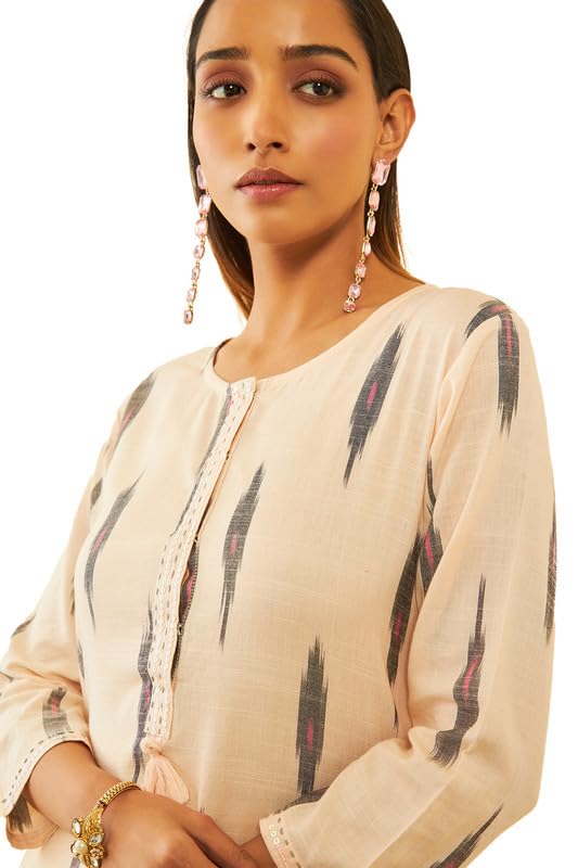 Image of Soch Womens Cotton Ikat Printed Straight Kurta with Sequins