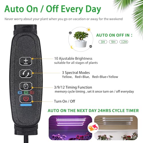 Image of RWNTAO Four Strip Growing Lamp for Indoor Plants, Red & Blue & Yellow Full Spectrum LED Grow Light Strips with Auto ON /Off 3 /9 /12H Timer,10 Dimmable Levels for Green House Succulent (13 in)