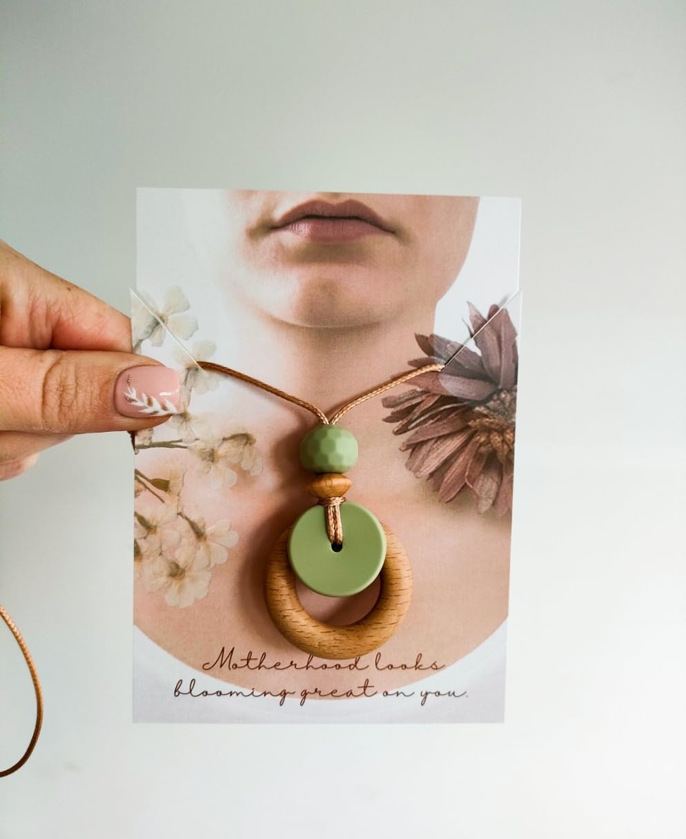 Breastfeeding and Nursing Necklace with Natural Beechwood for Mum and Baby - Sage Textured Feeding Necklace - Bennie Blooms Pendant - Image 3