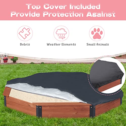 85''X78''X9'' Wooden Octagon Sandbox With Cover | Large Sandpit For Kids Outdoor Backyard Play | W/Sturdy Made And Simple Assemble #TOP3