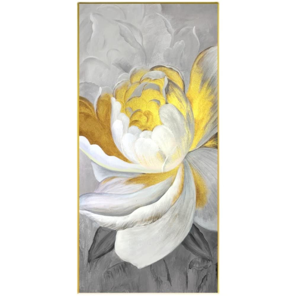 LCDIUDIU Oil Painting, White Texture Peony Flower Gold Foil Luxury Abstract Modern Hand Painted Oil Paintings On Canvas For Family Wall Living Room Dining Room Home Art Decor,150X300Cm(60X120Inch)