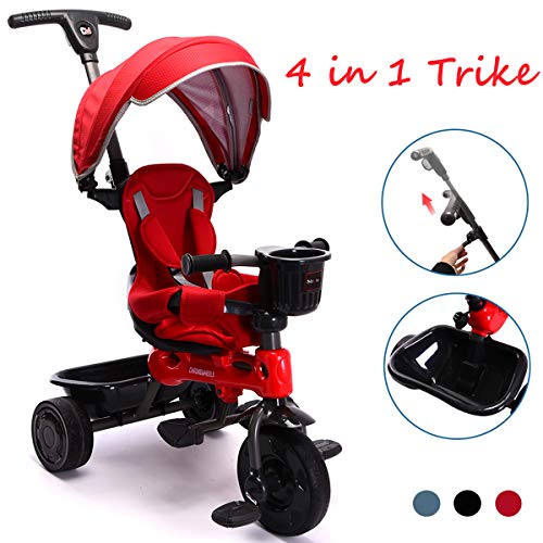 ChromeWheels 4-in-1 Kids’ Trike & Stroller, Adjustable Height Push Ride Tricycle for 9