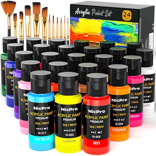 Nicpro 24 Colors Acrylic Paint Set (2 oz, 60 ml) with 12 Brushes, Non Toxic Art Supplies Kit for Rock Painting, Multi Surface Canvas Clay Wood Fabric Craft Ceramic, for Adult Beginner