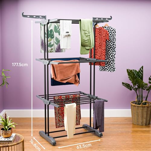 Image of TEKCOOL Foldable Cloth Drying Stand Stainless Steel - 3 Tier Heavy-Duty Clothes Dryer for Balcony, Indoor & Outdoor Use | with Wheels & Hanger Slots | Rust-Proof Laundry Rack (Grey, 3 TIRE):;