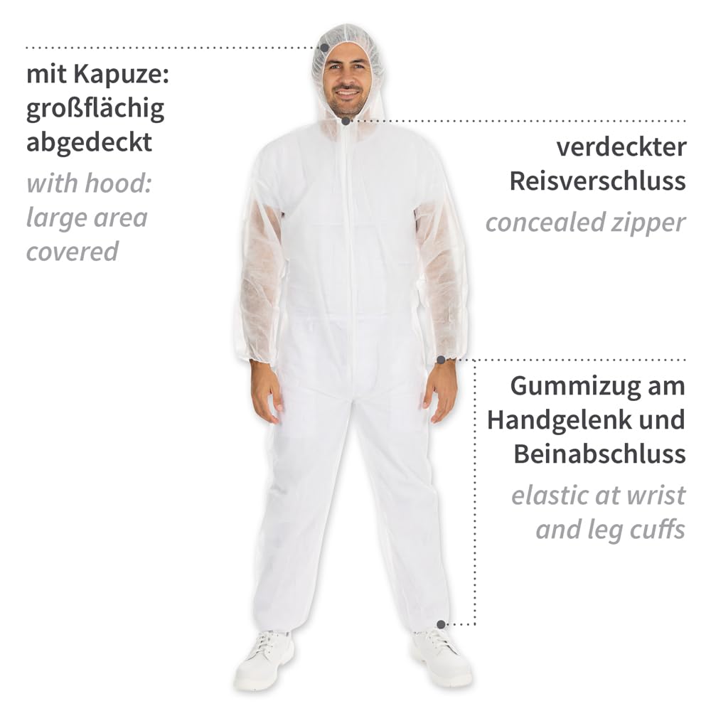 FRANZ MENSCH 50 Stück Hygonorm Overalls Light mit Kapuze | PP, weiß, XXL, Karton, Einweg Overall, Hygienebekleidung, Schutzanzug