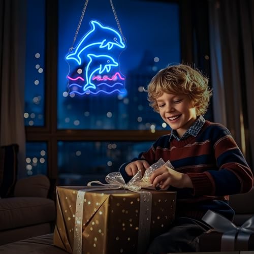 Image of CoolGift Mart Dolphin Neon Sign, Dolphin Lamp Wall Decor, Dimmable Birthday Party Decorations for Home, Patio, Garden, Bars, Restaurants, Hotels, Stores, Clubs, Gift for Friends Family and Kids