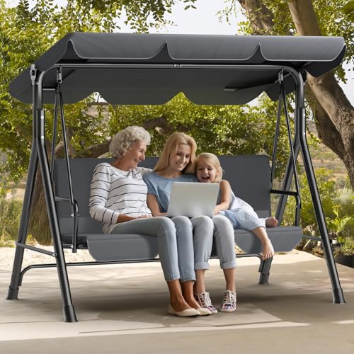 Balancelle de Jardin 3 Places avec Toit réglable｜Banc de balançoire Extérieur pour Jardin avec Pieds antidérapants & Auvent, résistante aux intempéries, Charge 200 kg｜Anthracite