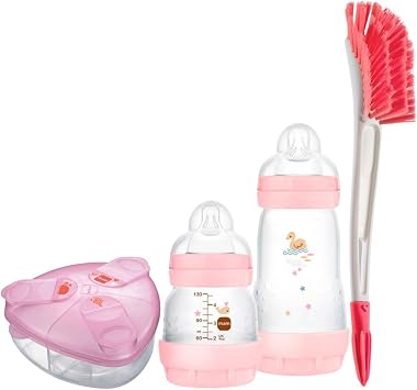 Kit 2 Mamadeiras Mam Easy Start Anticólica 130ml e 260ml + Pote Dosador Medidor Porta Leite em Pó Mam + Escova para Mamadeira com Limpador de Bico Buba (Rosa)