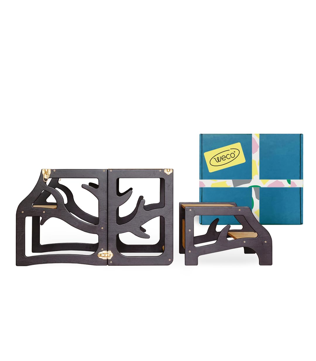 Weco Torre de aprendizaje para niños 3 en 1 con taburete blanco Montessori Muebles de cocina plegable (Negro)
