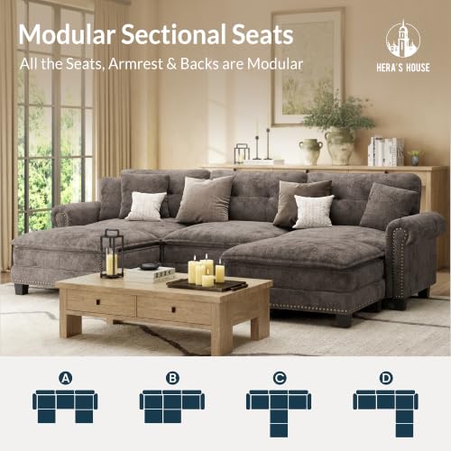 Image of HERA'S HOUSE 116 inch Oversized U Shaped Modular Sectional Couch Living Room | Mid-Century Modern 5-Seater Cloud Sofa, Grayish Brown, Rolled Arms & Nailhead Trim, Wider & Deeper Seats, Ottoman, Chenille