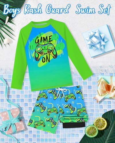 Image of Boys Rash Guard Swim Set with Swim Trunks Bathing Suit Long Sleeve Swim Shirt Quick Dry Swimsuit Kids Swimwear Size 7-16