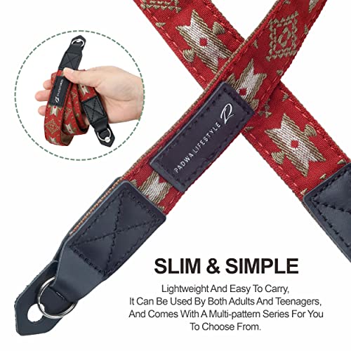 Padwa Camera Strap - 1" Pure Cotton Embroidered Woven Straps With Full Grain Cowhide Head, Camera Neck Shoulder Strap For Micro Single And Small Digital Cameras,Gift For Photographers(Vintage Red) #TOP2