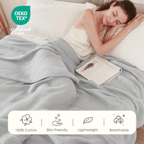 Image of EMME Muslin Blankets for Adults Throw Blanket for Couch Breathable Gauze Soft Lightweight Airy Light Grey Throw 50 inch x 60 inch