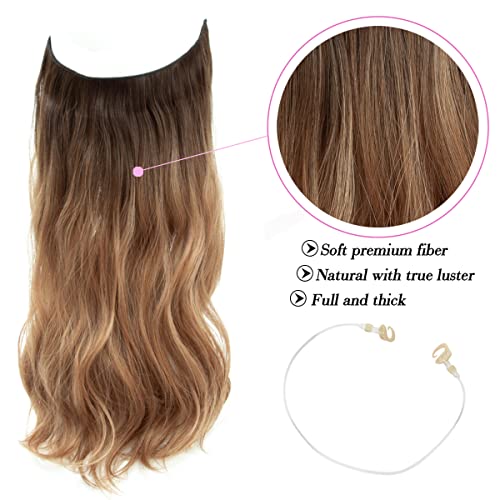 Invisible Wire Hair Extensions Hair Pieces for Women Natural Wavy Hair Extension Synthetic Hairpieces 20 Inch Caramelo with Dark Root Hair Extension (Caramelo with dark root) - Image 3