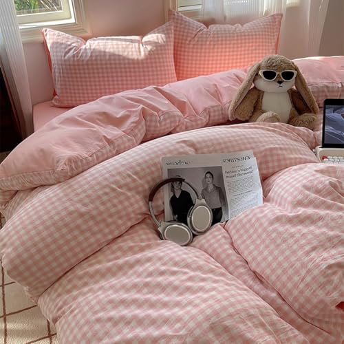 Image of Nayoroom Gingham Duvet Cover Queen Size Reversible Pink Plaid Checkered Duvet Cover 3 Pieces Soft Breathable Washed Microfiber Girls Dorm Bedding Set for All Seasons