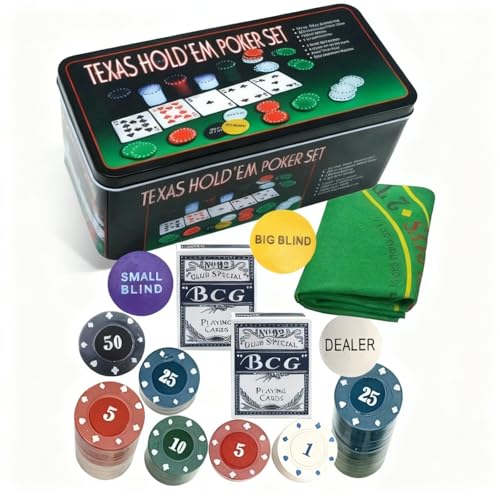 Shop SoftAir Texas Hold'em - Juego de 200 fichas con valores en euros, caja de metal, 24 x 11,5 x 12 cm, con 2 barajas de cartas, paño verde, fichas para distribuidores y ciegas, para adultos