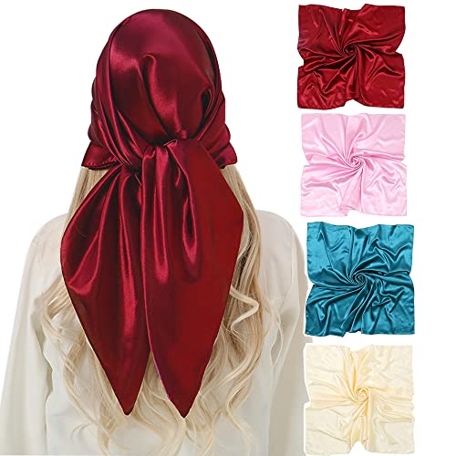 KAVINGKALY 4 piezas Bufanda Cuadrada Grande para Mujer Bufanda de Raso Accesorios para el Pelo Seda Patrón Cuadrado Clásica Diadema de Playa