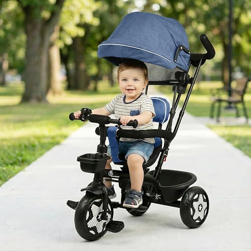 Image of R for Rabbit Tiny Toes R40 Ace Tricycle for Kids with Parental Control, EVA Wheels, Bell, Adjustable Canopy & Storage Basket | 360 Reversible Seat | Baby Trike for 2-5 Year | Upto 25Kg (Denim Blue)