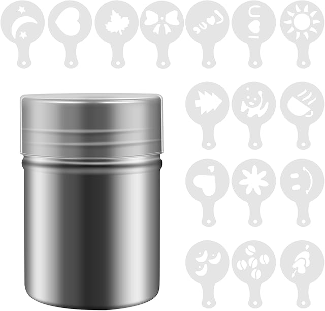 Coffee Sprinkles Powder Set,5.5cm*9cm/Stainless Steel Mesh Chocolate Shaker Duster,with 16 Coffee Stencils for DIY Cappuccino Coffee,Lcing Sugar Cocoa Flour & Latte Coffee (Small)
