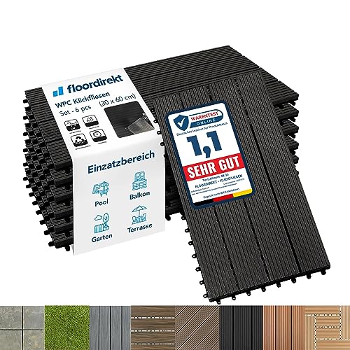 Floordirekt Piastrelle giardino esterno ad incastro WPC 60x30cm, 1m² 6 pezzi, per terrazzo, balconi in legno Composito Pavimenti da Esterno con funzione di drenaggio | Antracite | Royal