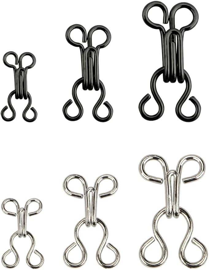 Sewing Hooks and Eyes Closure, 12 Pairs Bra Hook Eye Closure, Underwear Hook and Eye Closure, Sewing DIY Craft Accessories, 3 Sizes, for Bra, Clothes, Skirts, Pants(Black and Silver)