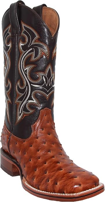 Men’s Genuine Leather Exotic Full Quill Ostrich Print Square Toe Cowboy Western Boots - Cognac3
