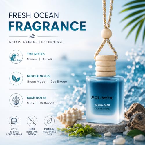 Image of Aqua Mar Car Hanging Perfume | Long Lasting Car Air Freshener | Wooden Cap Glass Bottle | Fresh Ocean Fragrance | Leak Resistant | Up to 30 Days | 8ml