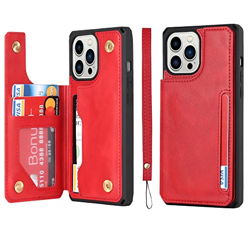 Protection iPhone 14 Pro portefeuille simili cuir rouge antichoc avec range carte