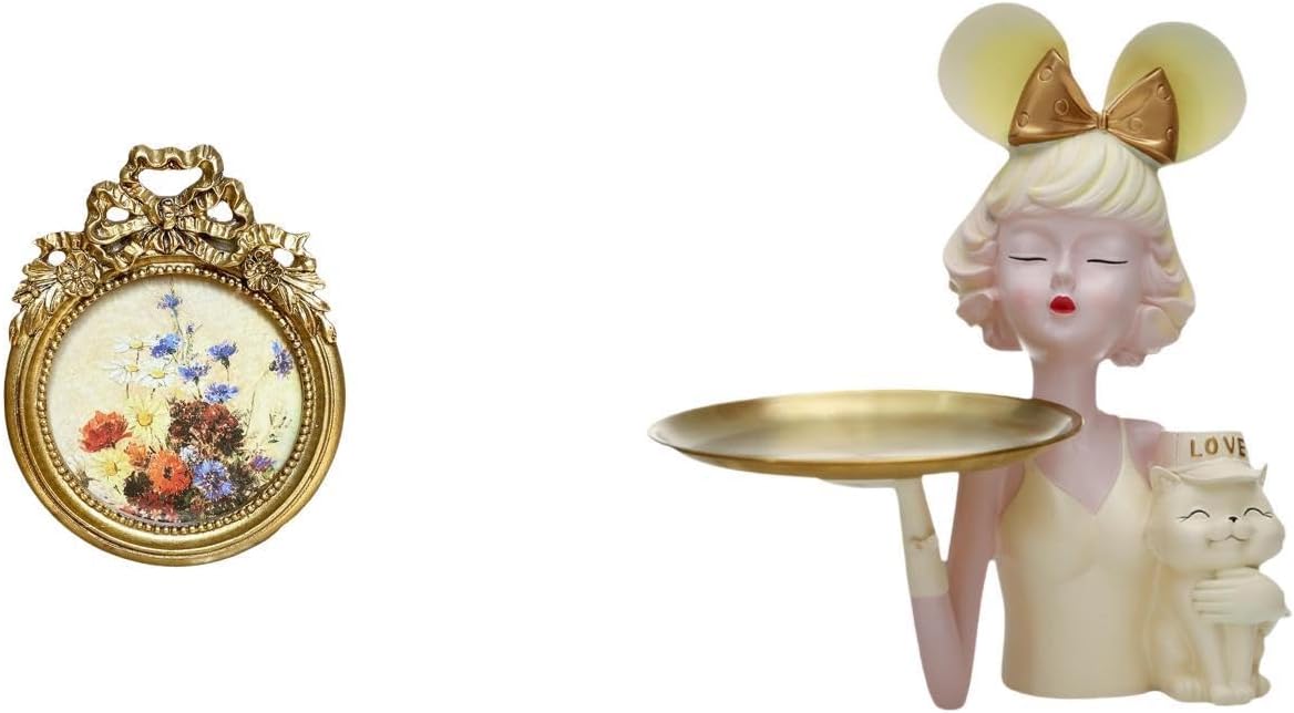 Antique Girl Photo Frame with Key Storage Tray Vintage Round Ornate European Resin Figurine for Wedding Gift and Modern Art Display