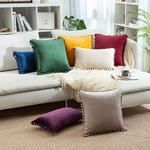 MIULEE Pack of 2 Velvet Cushion Covers Soft Square with Pompoms Decorative Throw Pillowcases Home for Livingroom Sofa Bedroom 12 x 20 Inch 30x 50 cm Dark Green