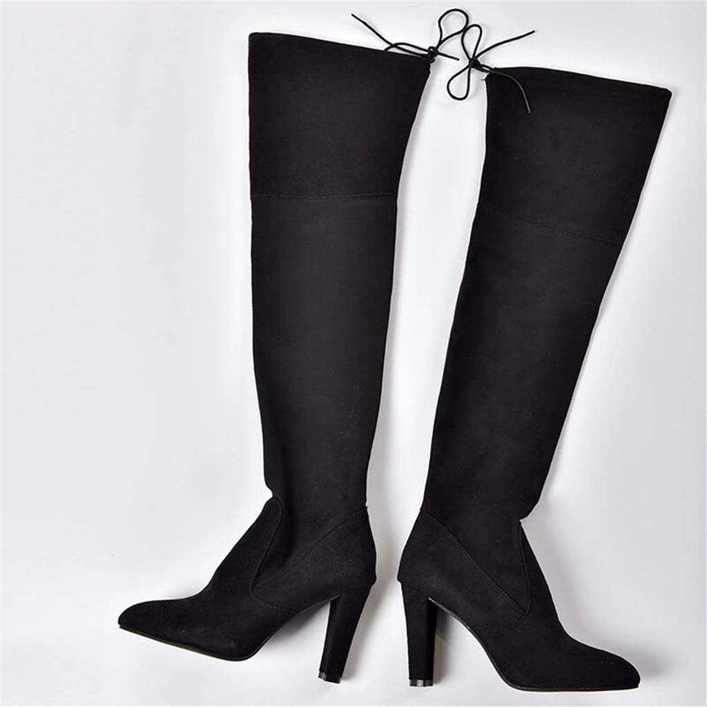 UMore Mujer Elegante Botas Altas Tacón Anchos Botas Muslo Cremallera Botas Altas hasta La Rodilla Talón Grueso Punta Redondeada para Mujer