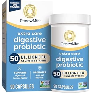 Renew Life Extra Care Digestive Probiotic Capsules, 50 Billion CFU Guaranteed, Daily Supplement Supports Immune, Digestive, Respiratory Health(1), L. Rhamnosus GG, Dairy, Soy and Gluten-Free, 90 Count