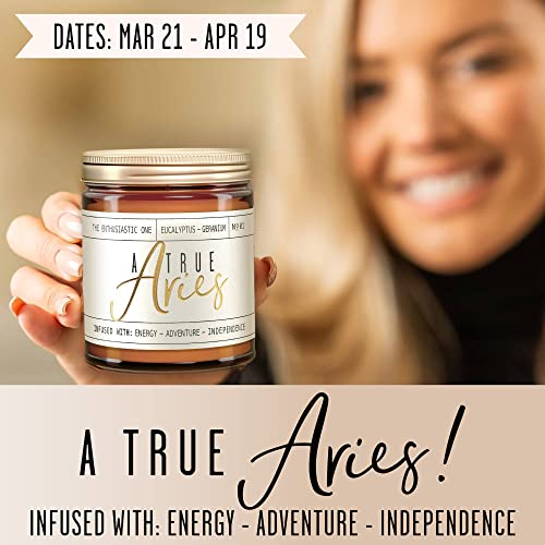 Aries Gifts For Women, Zodiac Gifts - A True Aries Soy Zodiac Candle, W/Eucalyptus & Geranium I Astrology Gifts For Women I 9Oz Reusable Amber Glass Jar, 50 Hr Burn Time, Made In Usa #TOP1