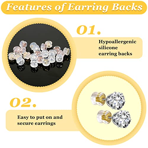 24 Pcs Silicone Earring Backs, 18K Gold Locking Secure Earring Backs For Studs Droopy Fish Hook Heavy, 12 Pairs Hypoallergenic Comfy Soft Earring Stoppers Replacement Clear For Adults Teens #TOP1