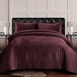 Tribeca Living Lugano Oversized Velvet Quilt Set - All Season, Extra Large, 3 Piece Queen Size Comforter Set with 2 Pillow Shams in Plum Honeycomb Pattern 260GSM