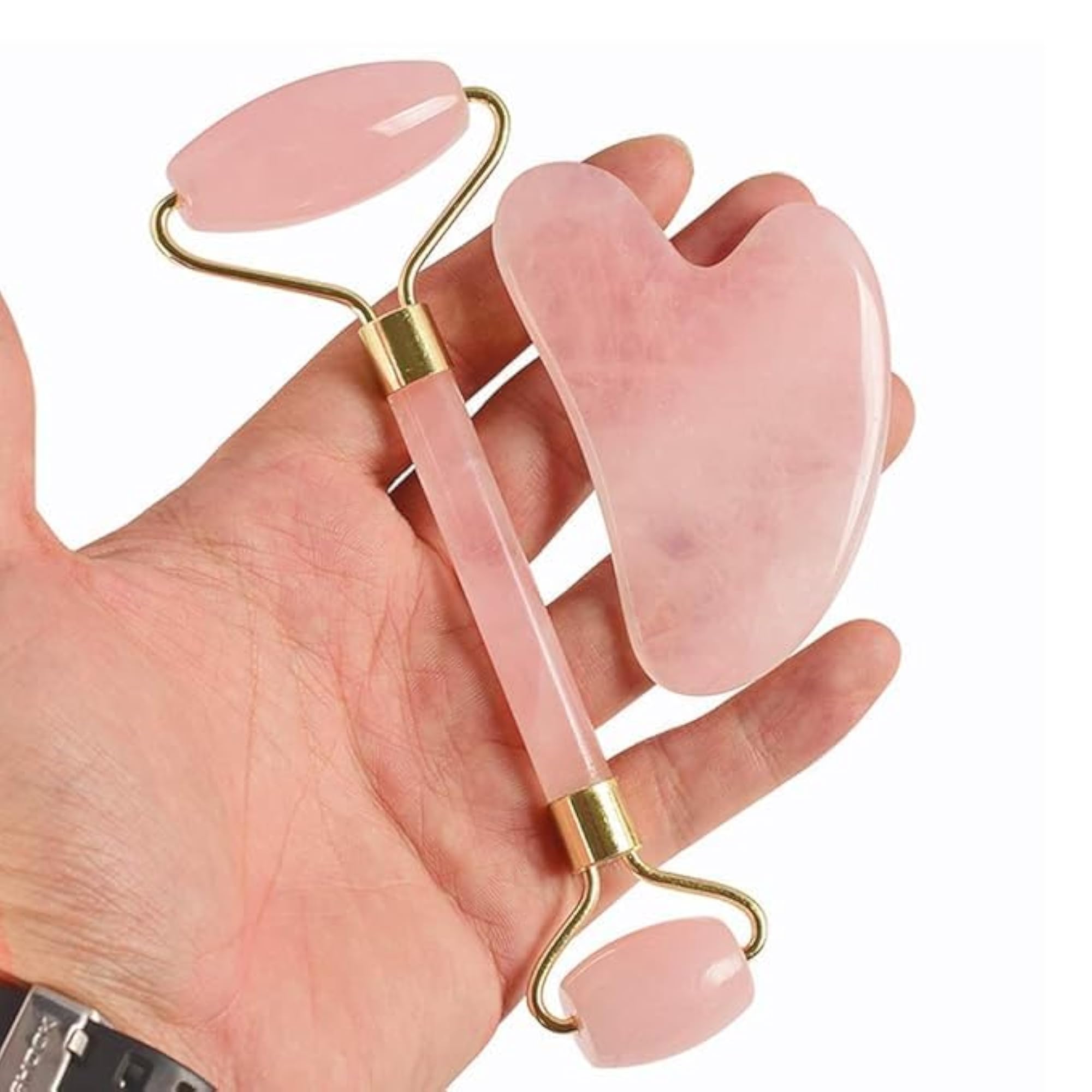 Rose Quartz Facial Roller and Gua Sha Set, 2 Piece Skincare Kit